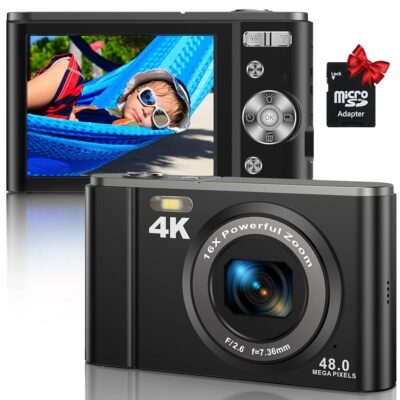 4K 48MP Digital Compact Pocket Camera with 16X Zoom 32GB SD Card, Point and Shoot Vlogging Camera for Adult Seniors Students Kids Beginner(Black)