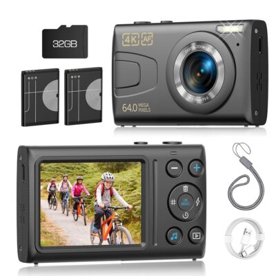 4K Digital Camera 64MP Auto Focus Video Camera with 32GB Card 18X Zoom 2 Batteries Compact Vlog Camera for Beginner Student Kids Teen Black