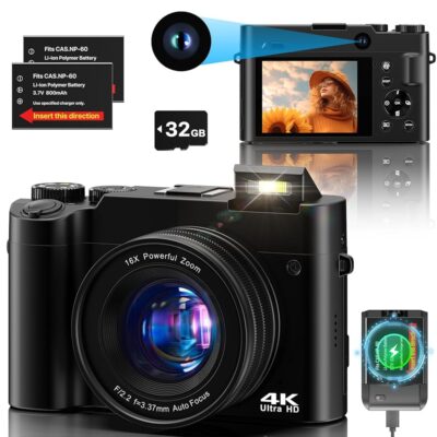 4K Digital Camera, 64MP Dual Cameras for Photography Autofocus Anti-Shake, Video Vlogging Camera for YouTube, Compact Travel Camera with 32GB SD Card, 16X Digital Zoom,…