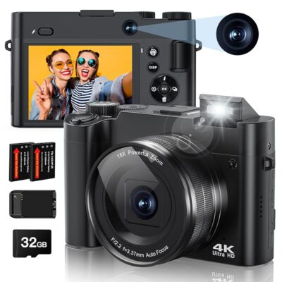 4K Digital Camera, 64MP Rear and Front Camera for Photography and Video Autofocus Anti-Shake, 3” Selfie Flip Vlogging Camera with Ultra Bright Flash, Camera with Dial 16X Zoom…