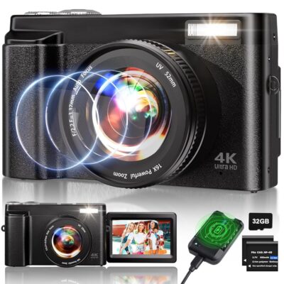 4K Digital Camera for Photography, 48MP Auto-Focus Vlogging Camera for YouTube, 16X Digital Zoom/ 3″ 180° Flip Screen/Anti Shake/Flash with SD Card, Compact HD Camera (2…