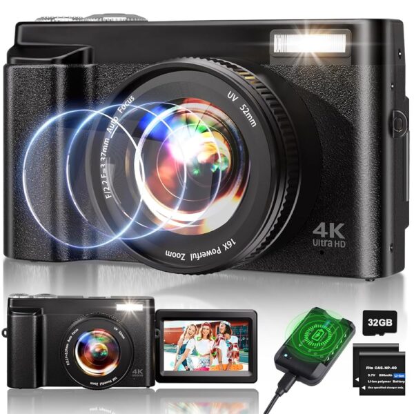 4K Digital Camera for Photography, 48MP Auto-Focus Vlogging Camera for YouTube, 16X Digital Zoom/ 3" 180° Flip Screen/Anti Shake/Flash with SD Card, Compact HD Camera (2...