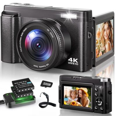 4K Digital Camera for Photography, 48MP Autofocus Vlogging Camera for YouTube with 3” 180°Flip Screen, 16X Digital Zoom Anti-Shake Compact Travel Camera with SD Card, 2…