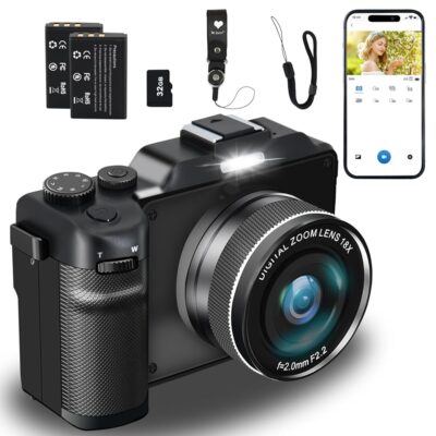 4K Digital Camera for Photography 48MP with WiFi 2 Batteries 32G TF Card,Vlogging Camera 18X Digital Zoom Auto Focus,Cameras Built in Microphone and Speaker