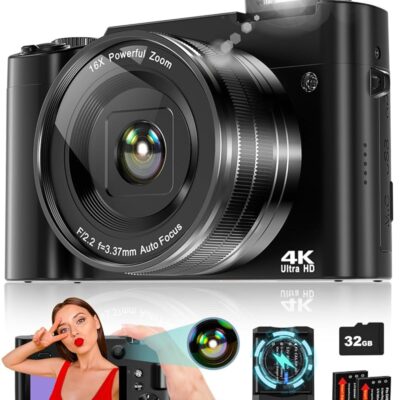 4K Digital Camera for Photography, 64MP Autofocus Vlogging Camera for YouTube with Selfie Lens, Compact Travel Video Camera with Flash, 16X Zoom, Anti-Shake, 32GB Card, 2…