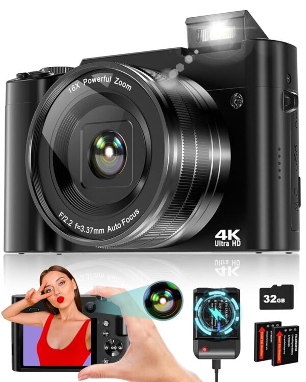 4K Digital Camera for Photography, 64MP Autofocus Vlogging Camera for YouTube with Selfie Lens, Compact Travel Video Camera with Flash, 16X Zoom, Anti-Shake, 32GB Card, 2...