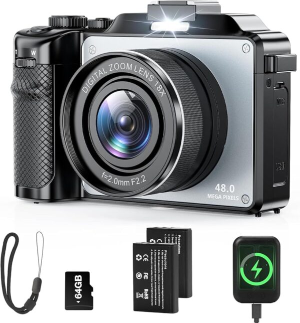 4K Digital Camera for Photography and Video, 64MP Auto-Focus Anti-Shake Vlogging Camera with 18X Digital Zoom, Flash, Compact Travel Camera with 64GB TF Card, 2 Batteries and...