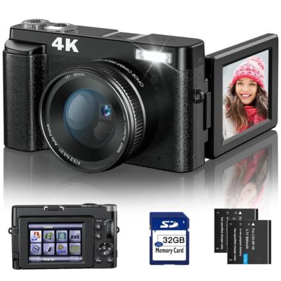 4K Digital Camera for Photography and Video Autofocus Anti-Shake, 48MP Vlogging Camera with SD Card, 3” 180° Flip Screen Compact Camera with Flash, 16X Digital Zoom Travel…