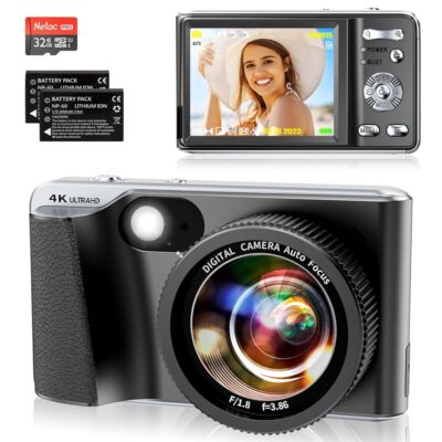 4K Digital Camera for Photography Auto-Focus 4K Camera with 3.0 inch Screen 18X Anti-Shake Vlogging Camera for YouTube Video Compact Cameras with 32GB Card, 2 Batteries (Black)