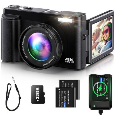 4K Digital Camera for Photography Auto-Focus Vlogging Camera for YouTube Video with 3” 180° Flip Screen 16X Anti-Shake 4K Camera Compact Cameras with SD Card, Flash, 2…