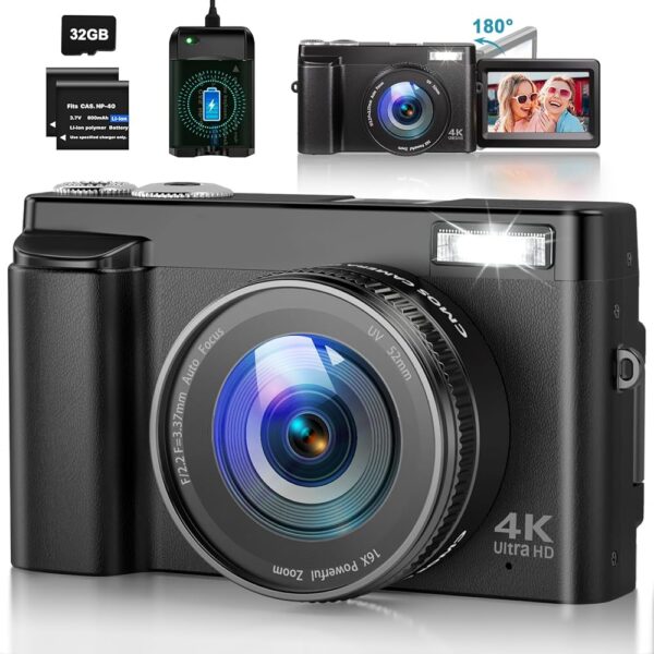 4K Digital Camera for Photography Autofocus 48MP Vlogging Camera for YouTube with SD Card 16X Digital Zoom Compact Camera, 3 Inch 180°Flip Screen, Flash, Anti-Shake, 2 Batteries