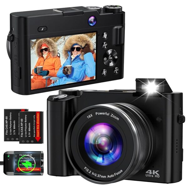 4K Digital Camera for Photography Autofocus 64MP Vlogging Camera for YouTube with Dual Cameras 16X Digital Zoom 4K Compact Travel Video Camera with 32GB SD Card,2...