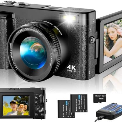 4K Digital Camera for Photography Autofocus, Upgraded 48MP Vlogging Camera for YouTube with SD Card, 3″ 180 Flip Screen Compact Travel Camera with 16X Digital Zoom, Flash,…