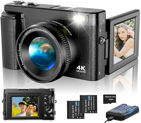 4K Digital Camera for Photography Autofocus, Upgraded 48MP Vlogging Camera for YouTube with SD Card, 3" 180 Flip Screen Compact Travel Camera with 16X Digital Zoom, Flash,...