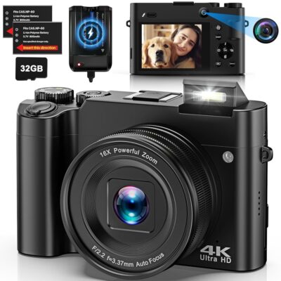 4K Digital Camera for Photography, Dual 64MP Autofocus Vlogging Camera for YouTube, 2.8″ Screen Compact Travel Camera with 32GB SD Card, Anti-Shake, Flash, 16X Digital Zoom, 2…