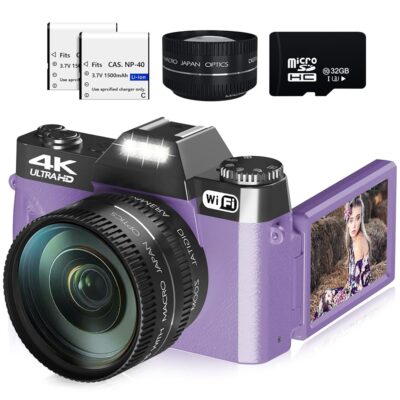 4K Digital Camera for Photography & Vlogging, 56MP YouTube Camera with WiFi, 3″ 180° Flip Screen, 16X Digital Zoom, 52mm Wide Angle & Macro Lens, 32GB TF Card, 2 Batteries – Purple