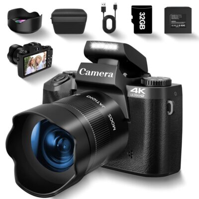 4K Digital Camera for Photography, Vlogging Camera for YouTube with Autofocus, WiFi Touchscreen 16X Digital Zoom Video Camera with 3000mAh Battery, Dual-Lens, Lens Hood, 32GB TF…