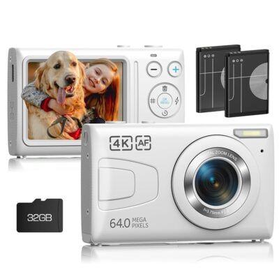 4K Digital Camera with 32GB Card 64MP, Digital Point and Shoot Camera with 18X Zoom, Compact Small Camera for Boys Girls Adult Beginner(White)