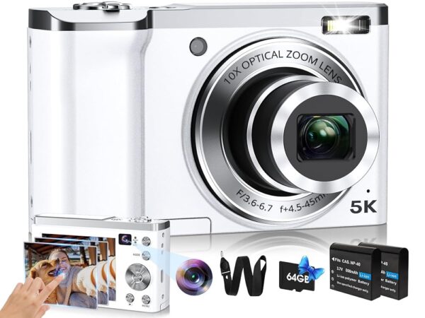 5K Digital Camera 2024 Upgraded 56MP Cameras for Photography with Front and Rear Lens,Touch Screen&10X Optical Zoom,6-Axis Anti-Shake,Autofocus Vlogging Compact Camera with 64GB...