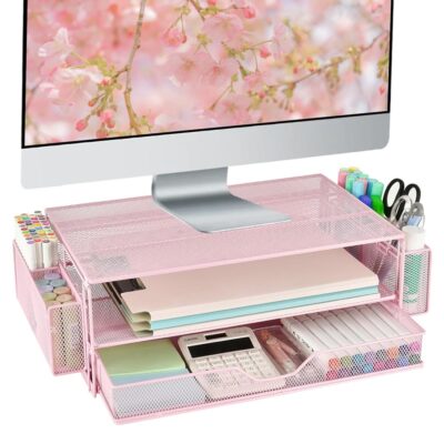 AUPSEN Computer Monitor Stands with Drawers and 2 Pen Holder, Desk Accessories & Workspace Desk Organizers, Monitor Stand for Computer, Laptop, Printer, Office Supplies(Pink)