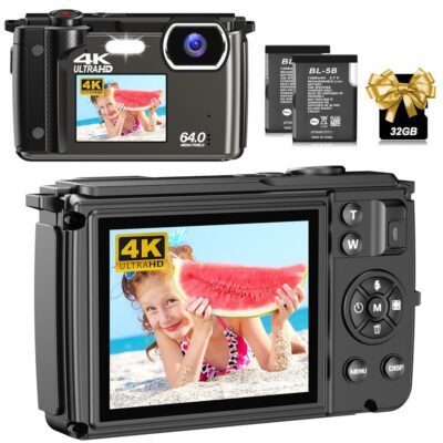 Beginner Digital Camera with SD Card,64MP Photo/4K Video 60FPS,Dual Screens 2.8”/16x Zoom/Time-Lapse/Slow-Motion/Autofocus/Manual Focus, Vlogging Camera for YouTube