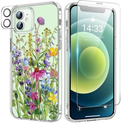 bicol for iPhone 11 Case with Screen Protector and Camera Lens Protector – Fashionable Flower Floral Designs for Women Girls – Shockproof Acrylic Clear Phone Cover 6.1″ -…