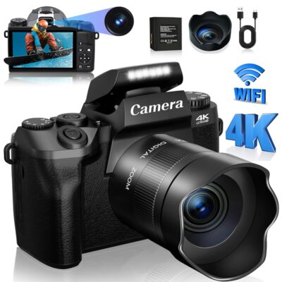 Cameras for Photography, 4K 64MP Vlogging Camera for YouTube, Autofocus Digital Camera with Large 4.0“ Touchscreen 16x Digital Zoom, Dual Camera, 3000mAH Battery, Lens Hood, 32G…