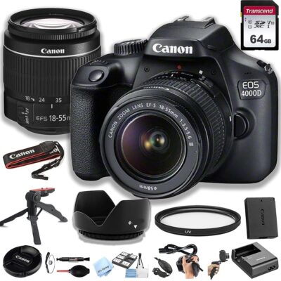 Canon 4000D(EOS Rebel T100) DSLR Camera w/EF-S 18-55mm F/3.5-5.6 Zoom Lens + 64GB Memory Card, Hood, Grip-Pod, Filter, Professional Photo Bundle(22pc) (Renewed)