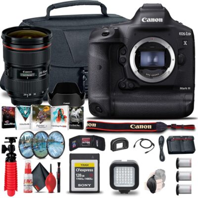 Canon EOS-1D X Mark III DSLR Camera (Body Only) (3829C002) + Canon EF 24-70mm Lens + 128GB CFexpress Card + 2 x LP-E19 Battery + Case + Filter Kit + Corel Photo Software + LED…