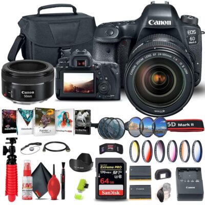 Canon EOS 6D Mark II DSLR Camera with 24-105mm f/4L II Lens (1897C009) + Canon EF 50mm Lens + 64GB Memory Card + Color Filter Kit + Case + Filter Kit + Photo Software + LPE6…