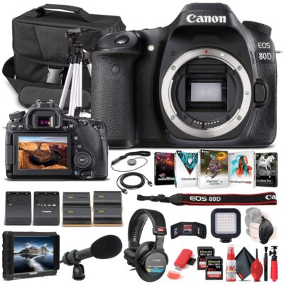 Canon EOS 80D DSLR Camera (Body Only) (1263C004) + 4K Monitor + Pro Headphones + Pro Mic + 2 x 64GB Memory Card + Case + Corel Photo Software + Pro Tripod + 3 x LPE6 Battery +…