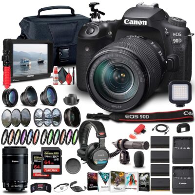 Canon EOS 90D DSLR Camera with 18-135mm Lens (3616C016) + EF-S 55-250mm Lens + 4K Monitor + Pro Headphones + Pro Mic + 2 x 64GB Memory Card + Case + Corel Photo Software + Pro…