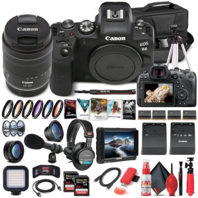 Canon EOS R6 Mirrorless Digital Camera with 24-105mm f/4-7.1 Lens (4082C022) + 4K Monitor + Pro Headphones + Pro Mic + 2 x 64GB Memory Card + Case + Corel Photo Software + Pro…