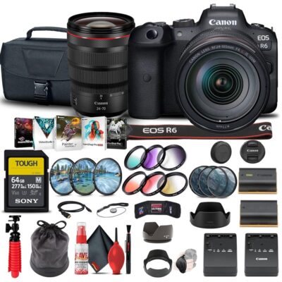 Canon EOS R6 Mirrorless Digital Camera with 24-105mm f/4L Lens (4082C012) + Canon RF 24-70mm Lens + 64GB Tough Card + Color Filter Kit + Case + Filter Kit + Photo Software +…