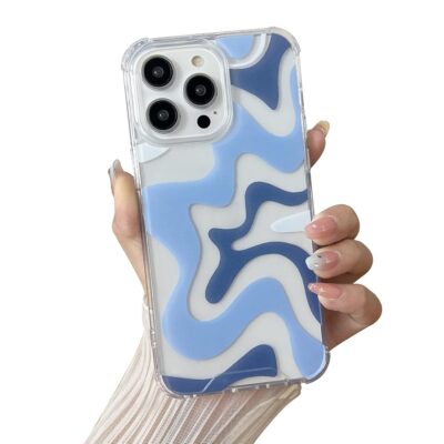 Compatible with iPhone 14 / iPhone 13 Phone Case, Cute Art Wavy Painted for Women Girls, Soft TPU Edge PC Back Protective Shockproof Phone Case-Blue (iPhone 14 / iPhone 13)