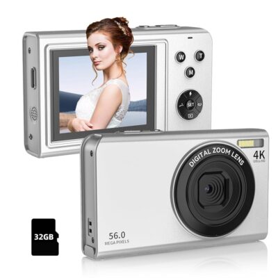 Digital Camera,4K 1080P Camera for Photography, Compact Digital Point and Shoot Camera with 16X Zoom 2.8″ Screen, Anti-Shake,56MP Camera with 32GB Card for Kids,Teens and Beginners