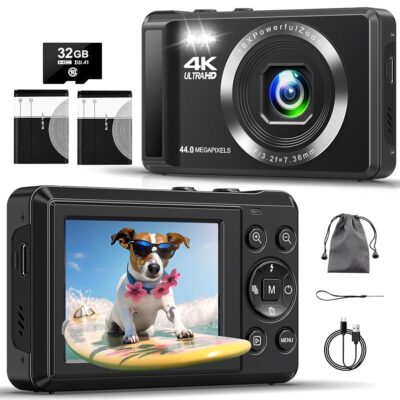 Digital Camera – 4K 44MP UHD Digital Cameras for Photography – Autofocus Point and Shoot Vlogging Camera with 16X Zoom, 32GB SD Card, 2 Batteries – Compact Small Camera for Kids…