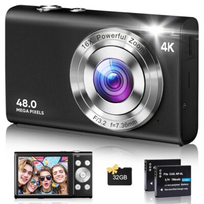 Digital Camera, 4K Autofocus Cameras for Photography, 48MP Anti-Shake Vlogging Camera for YouTube, 16X Digital Zoom Compact Point and Shoot Cameras with 32GB Card Camera for…