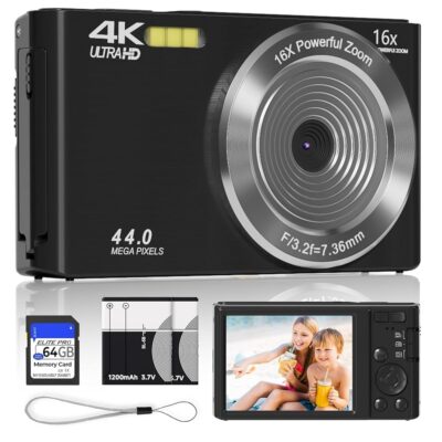 Digital Camera 4K for Teens with 16X Zoom auto Focus, Small Compact Portable Point and Shoot Boys/Girls Student Digital Camera with 64G SD Card, 2 Batteries(Black)