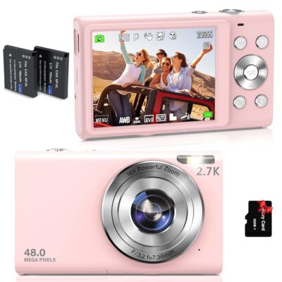 Digital Camera Auto Focus 2.7K Vlogging Camera HD 48MP 16X Digital Zoom Camera with 32G Memory Card 2 Batteries YouTube Portable Mini Compact Camera for Kids Teens Adult Beginner