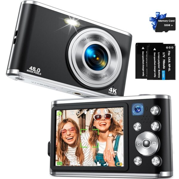 Digital Camera, Auto Focus FHD 4K Vlogging Camera with Dual Camera 48MP 16X Digital Zoom Kids Compact Camera with 32GB Memory Card Portable Point and Shoot Cameras for Teens...