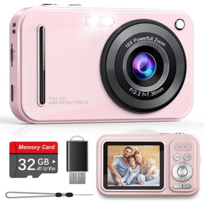 Digital Camera, Autofocus 48MP FHD 1080P Camera for Kids with 16X Zoom Anti Shake, Compact Portable Small Point and Shoot Digital Cameras with 32GB Memory Card for Teens Girls…