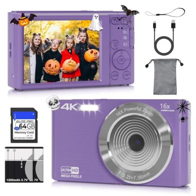 Digital Camera for Kids, FHD 4K 44MP Auto Focus Vlogging Camera with 64GB SD Card Compact Point and Shoot Cameras 16X Zoom Portable Small Camera Gifts for Teens Kids Boys Girls…