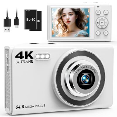 Digital Camera for Photography with 5X Optical Zoom, 4K WiFi Vlogging Camera for YouTube with Autofocus, 64MP Compact Travel Camera with 32GB Card, 2 Batteries for Beginners and…