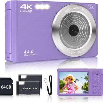 Digital Camera for Teens, FHD 4K 44MP Digital Camera Purple with 64GB SD Card 16X Digital Zoom, Cameras for Photography Compact Point and Shoot Camera for Teen Boys Girls Kids…