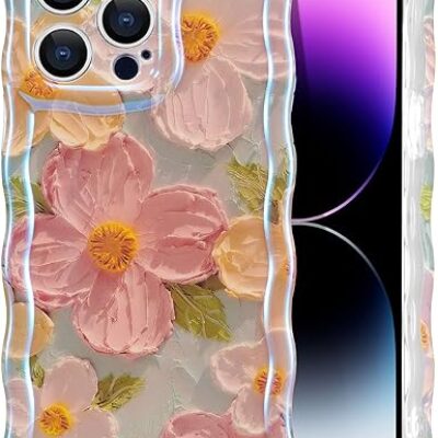 EYZUTAK Case for iPhone 13 Pro, Colorful Retro Oil Painting Printed Flower Laser Glossy Pattern Cute Curly Waves Border Exquisite Phone Cover Stylish Durable TPU Protective Case…