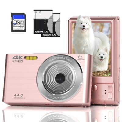 FHD 4K 44MP Digital Camera with 64GB SD Card 16X Zoom Pink Compact Cheap Point and Shoot Digital Camera Video Small Simple Portable Cameras Auto Focus 1080P Camera for Teens…