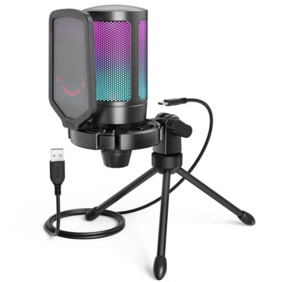 FIFINE Gaming USB Microphone for PC PS5, Condenser Mic with Quick Mute, RGB Indicator, Tripod Stand, Pop Filter, Shock Mount, Gain Control for Streaming Discord Twitch Podcasts…