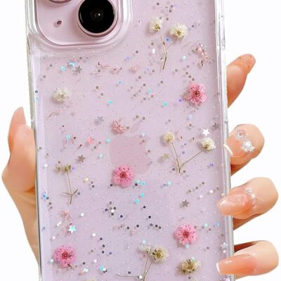 for iPhone 15 / iPhone 14/ iPhone 13 Clear Case with Pressed Real Flowers Design,Glitter Cute Pink Floral Pattern Soft TPU Protective Women Girl’s Phone Cover for iPhone 13/14/15