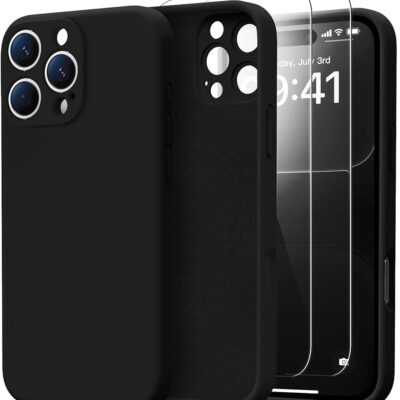 for iPhone 16 Pro Max Case with 2 Screen Protectors – Compatible with Magsafe – Upgraded Camera Protection – Liquid Silicone Protective Phone Case 6.9″ for Men, Women,Girls – Black